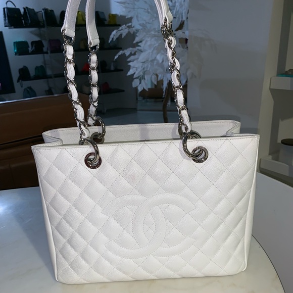 chanel black tote with white logo